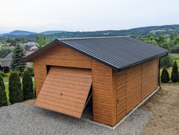 budynek gospodarczy garaż premium 5x7 z wypustem dachu, podbitką, blacha T-35, okno 80x60